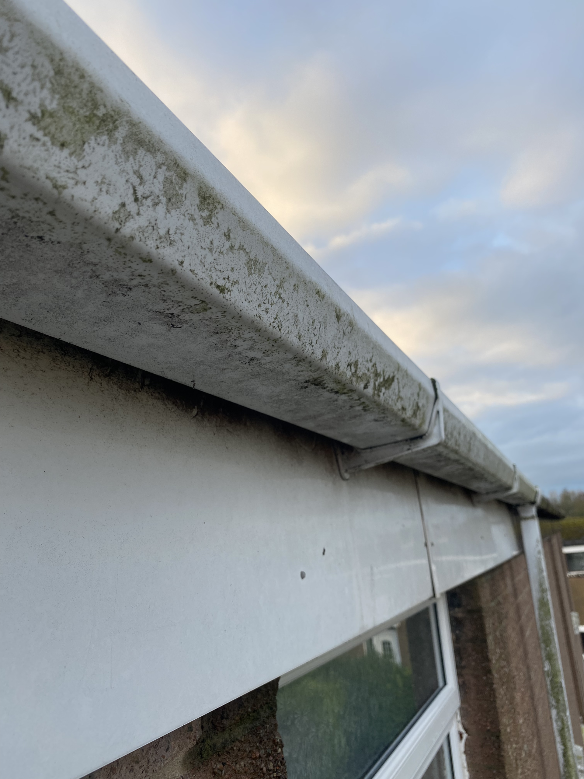 Roofline before fascia and soffit cleaning