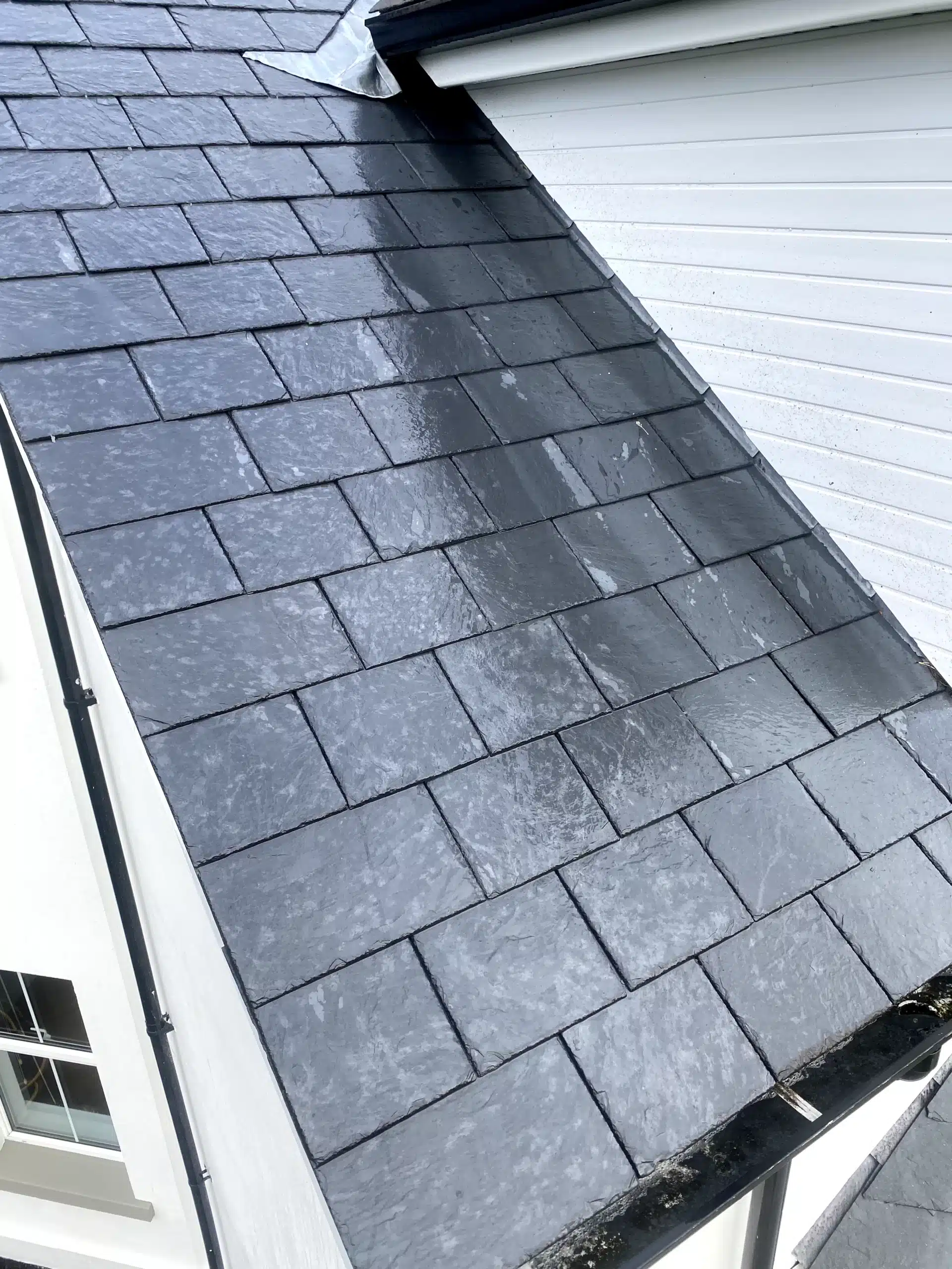 Clean slate roof after steam cleaning